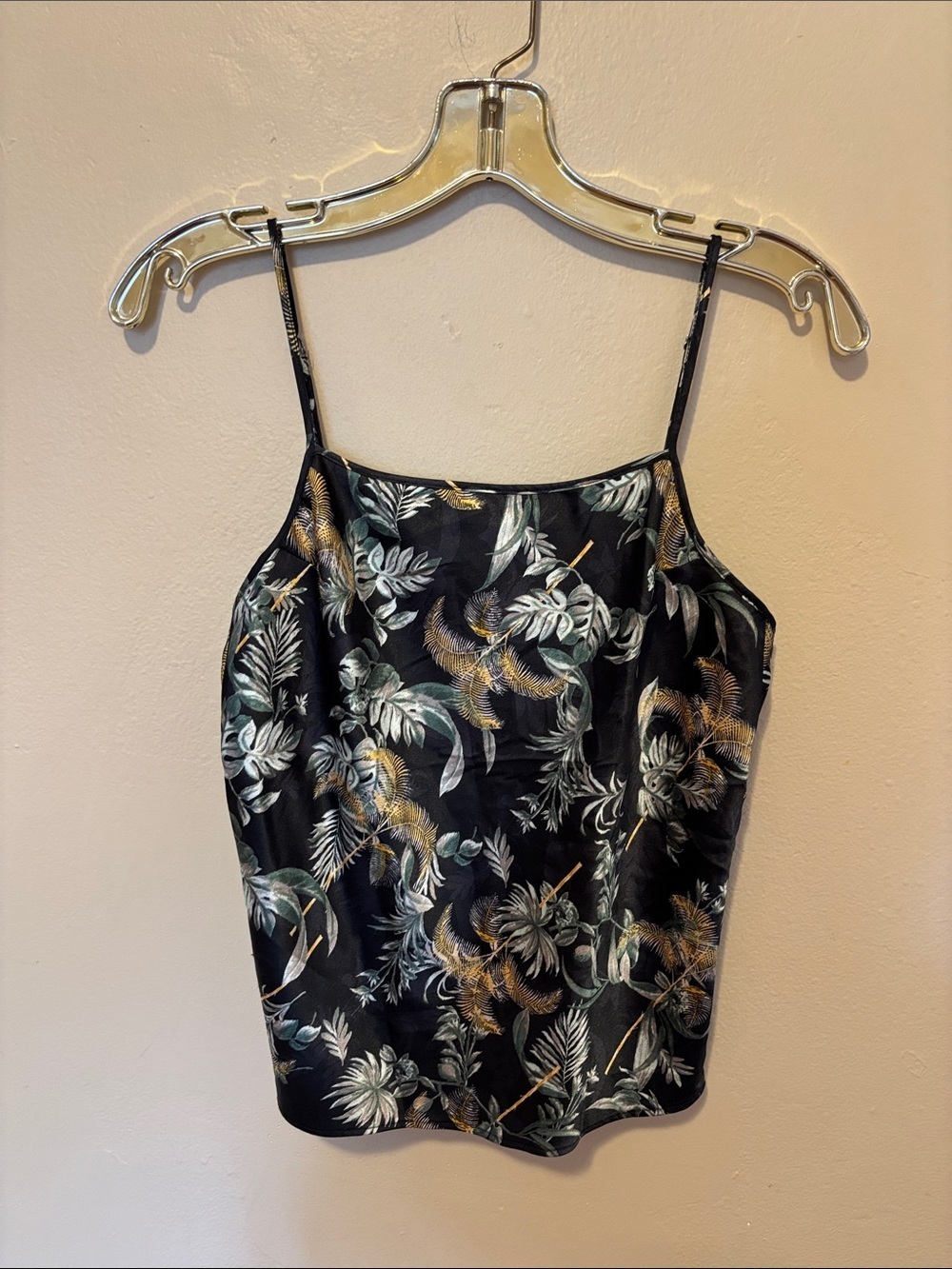 Victoria's Secret Black Floral Satin Camisole with Green & Gold Print